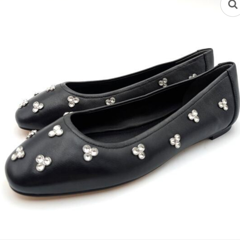 Stuart Weitzman "Tammy" Ballet Black Flats Crystal Embellishments NWT Size 5